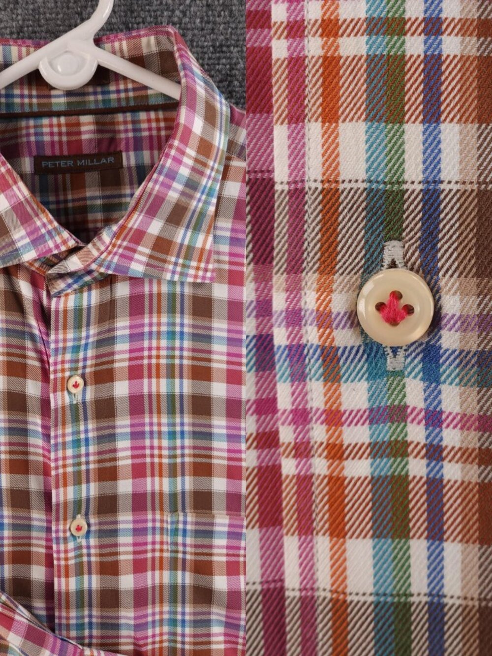 Peter Millar Twill Brown Multicolor XL Plaid All Cotton Button Up Long Sleeve